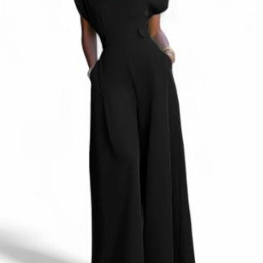 UOOZEE Women's Cap Sleeve Wide Leg Black Jumpsuit with Pockets